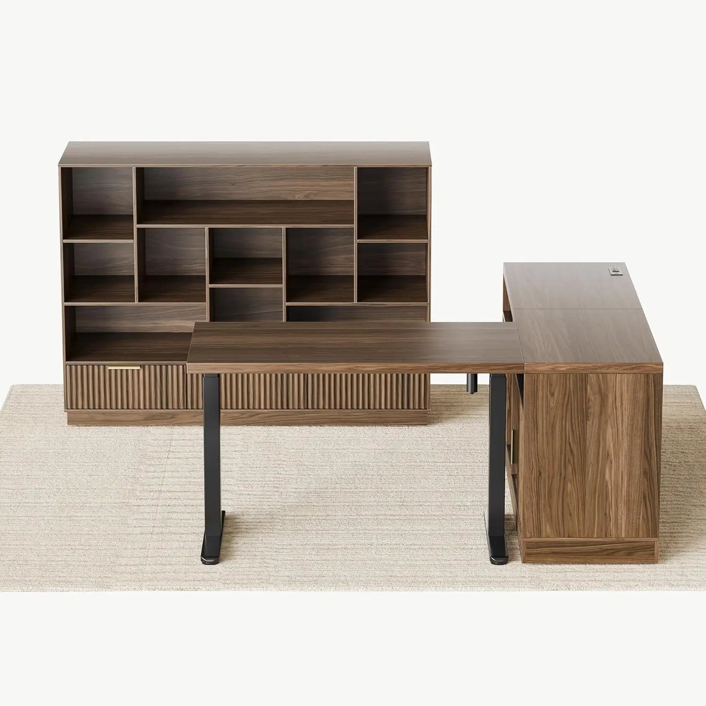 Electric Height Adjustable Standing Desk With Bookshelf Set