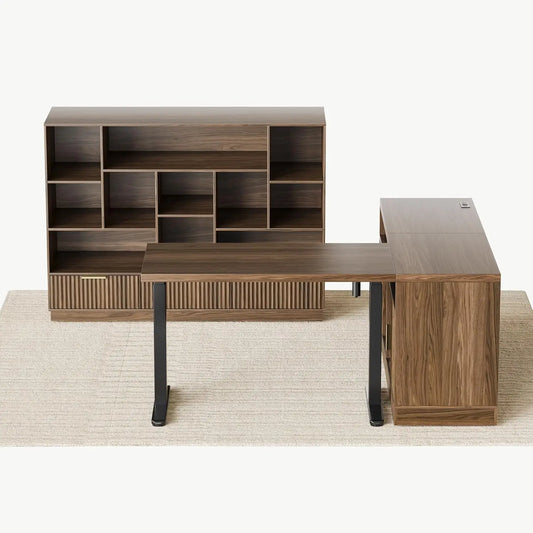 Electric Height Adjustable Standing Desk With Bookshelf Set