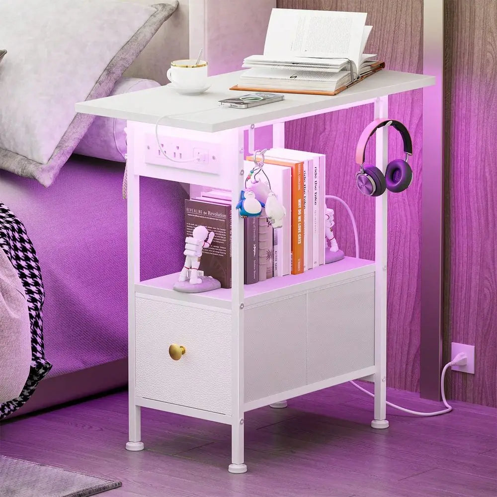 Cloth Shaft Cabinet, White Leather, Two-Story Open-Plan Storage Table, One Drawer, Small Space, Can Be Placed Next To The Sofa