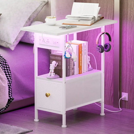 Cloth Shaft Cabinet, White Leather, Two-Story Open-Plan Storage Table, One Drawer, Small Space, Can Be Placed Next To The Sofa