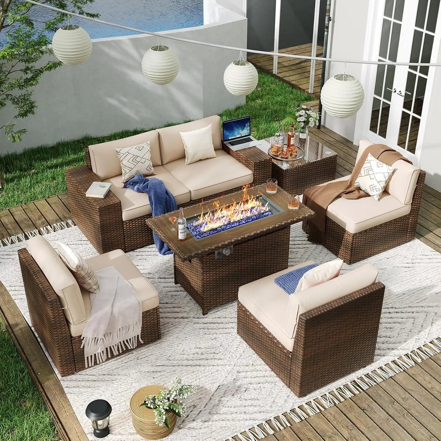 Outdoor 7 Piece Patio Set With Fire Pit Table Cushions