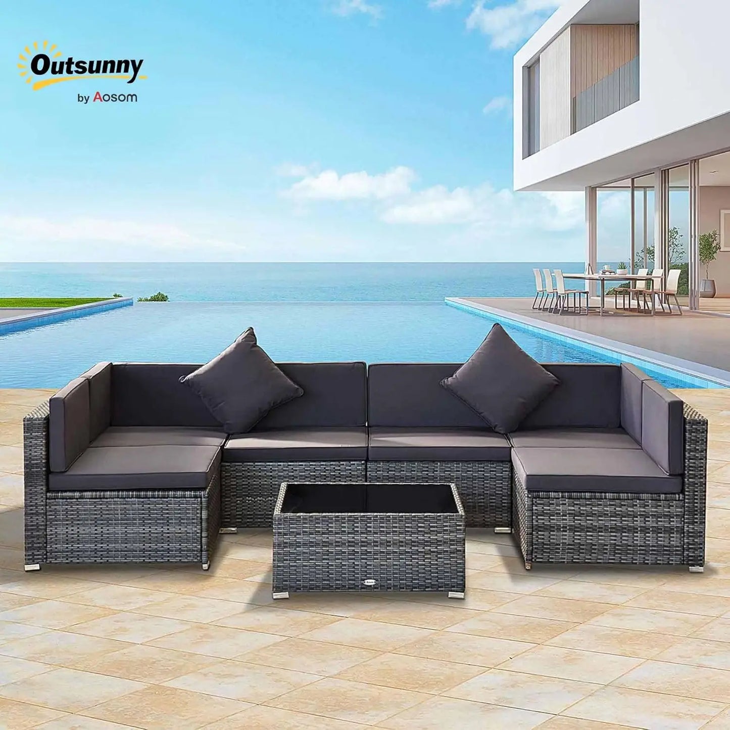 7 Piece PE Rattan Outdoor Sectional Sofa Set With Tempered Glass Table