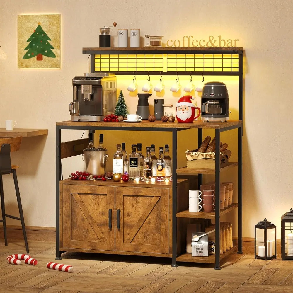 Bakers Rack With Power Outlet LED Light Microwave Stand