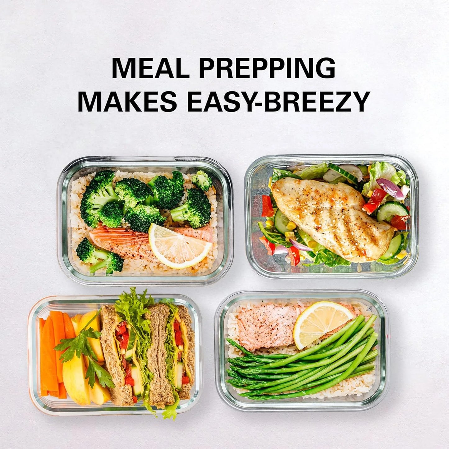 Glass Food Storage Containers 4-Pack with Lids, Airtight Leakproof for Lunch, Meal Prep, Dishwasher Safe, Green (12.5 to 42 oz)