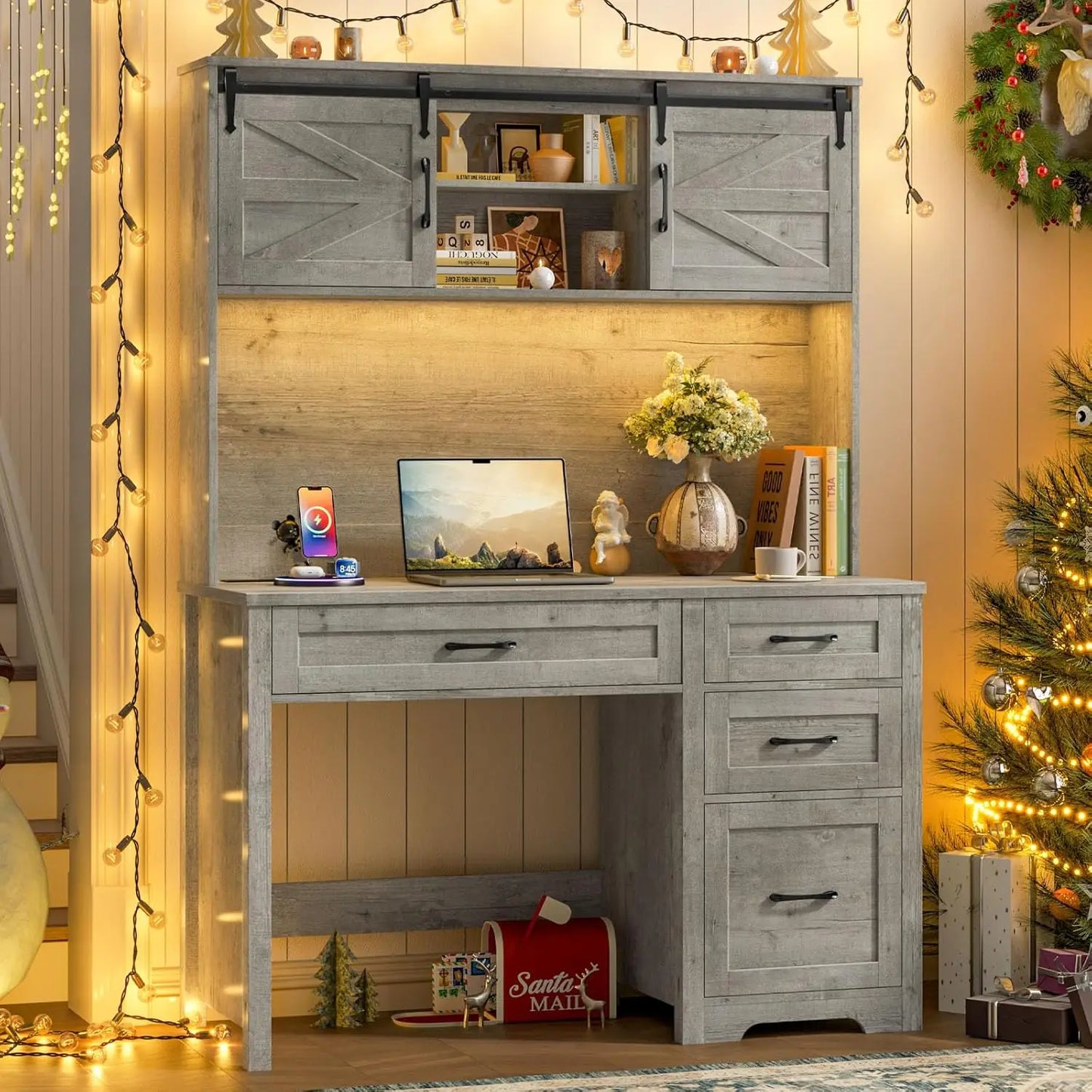 Executive Desk Hutch with LED Light 5 Drawers Charging Station