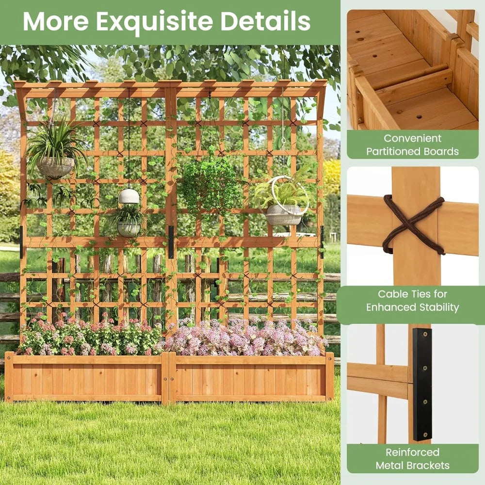 71" Raised Garden Bed with Trellis, Wood Planter Container w/2 Hanging Roof & Boxes, 4 Drainage Holes, Removable Bottom Plate
