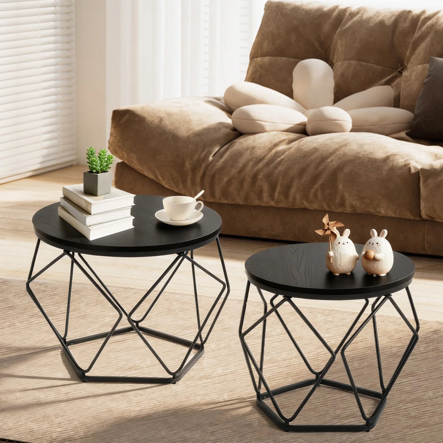 JHK Round Geometric Metal Coffee Table Set For Living Room