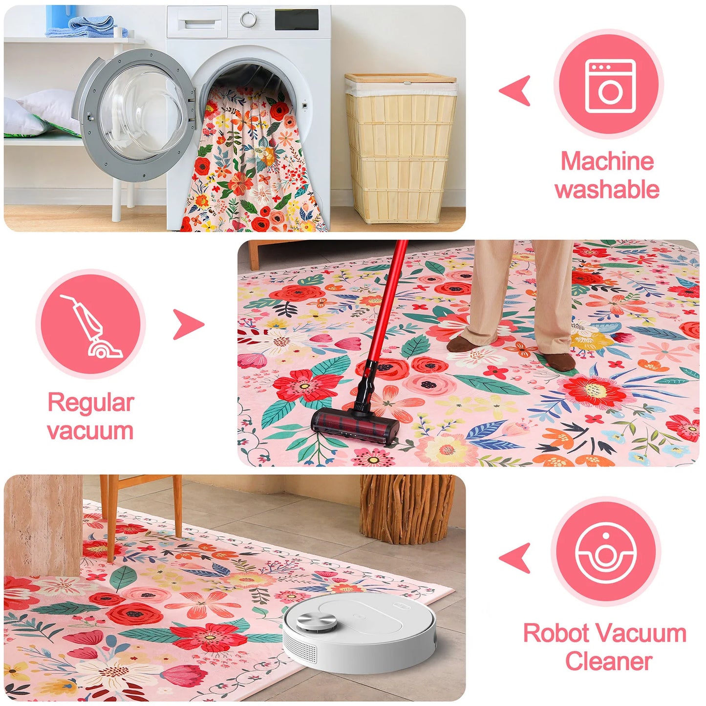 Boho Floral Indoor Rug Washable Non Slip Low Pile Carpet Pet Friendly