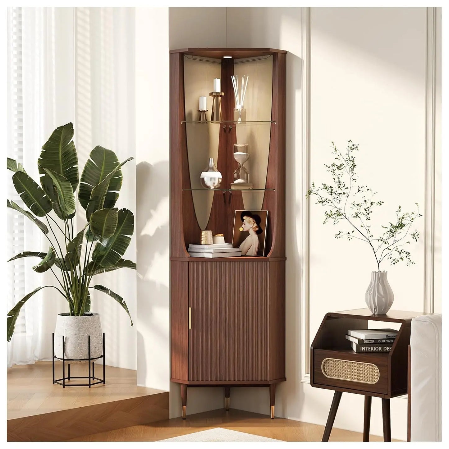 Corner Bar Cabinet With Glass Shelves And LED Lighting