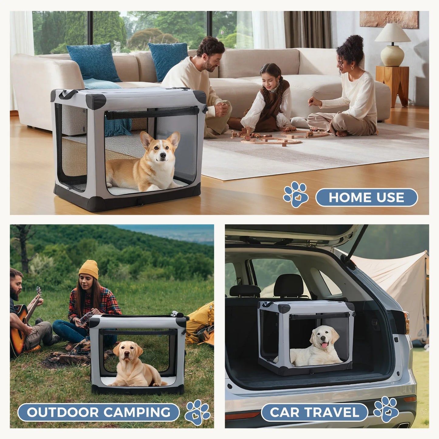 JHK Foldable Soft Dog Crate With 3 Doors For Indoor