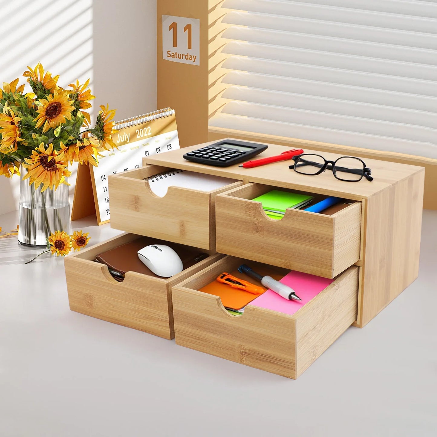 Bymaocar Bamboo 4 Drawer Desktop Organizer for Home Office