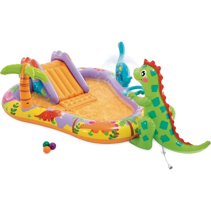 Inflatable Kiddie Pool with Water Sprayer and Slide for Ages 3+ - Dino Park Design - 79 x 62 x 27 - Blue and Green Plastic Mate
