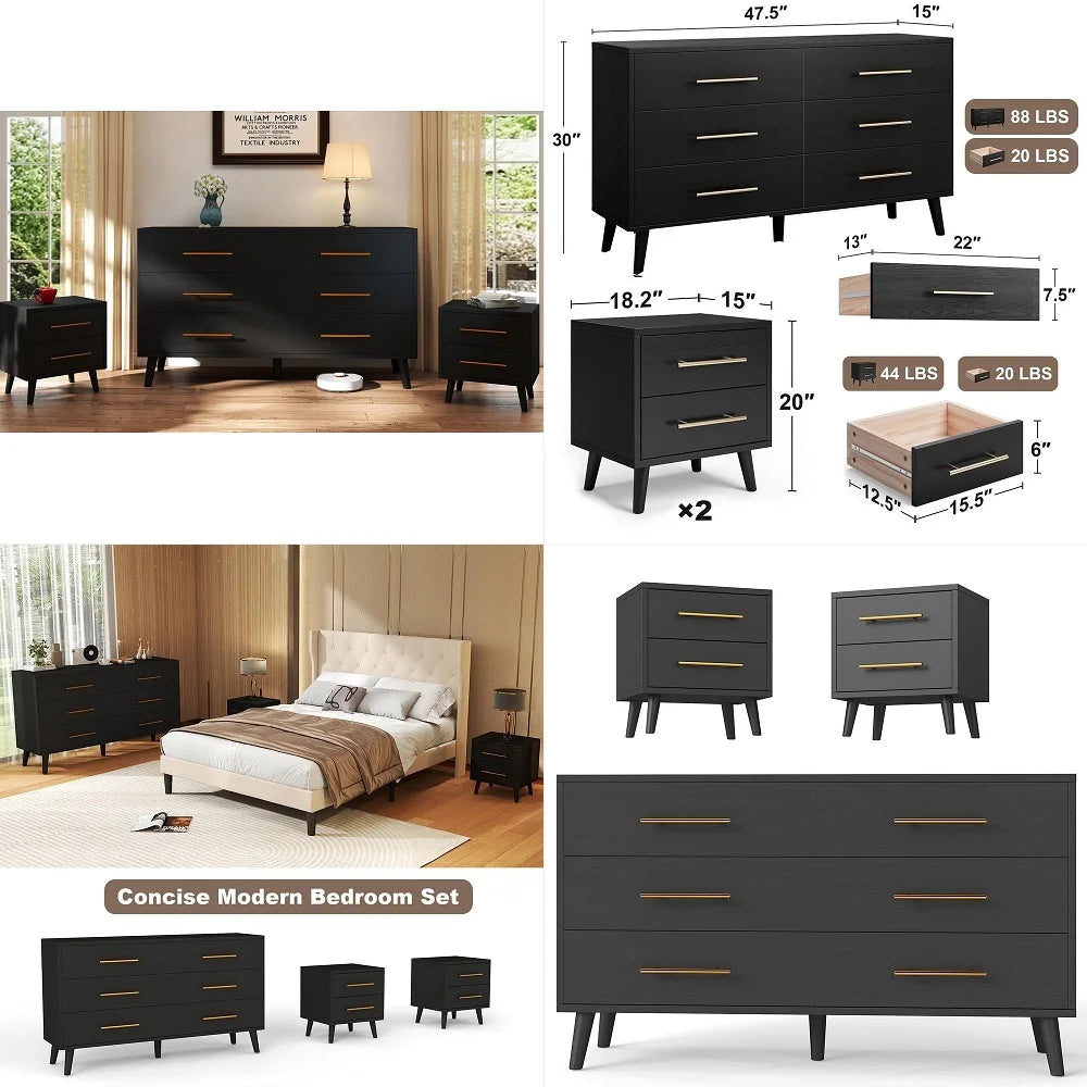 Scandinavian Style Bedroom Set With Six Drawer Dresser And Nightstands