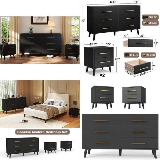 Scandinavian Style Bedroom Set With Six Drawer Dresser And Nightstands