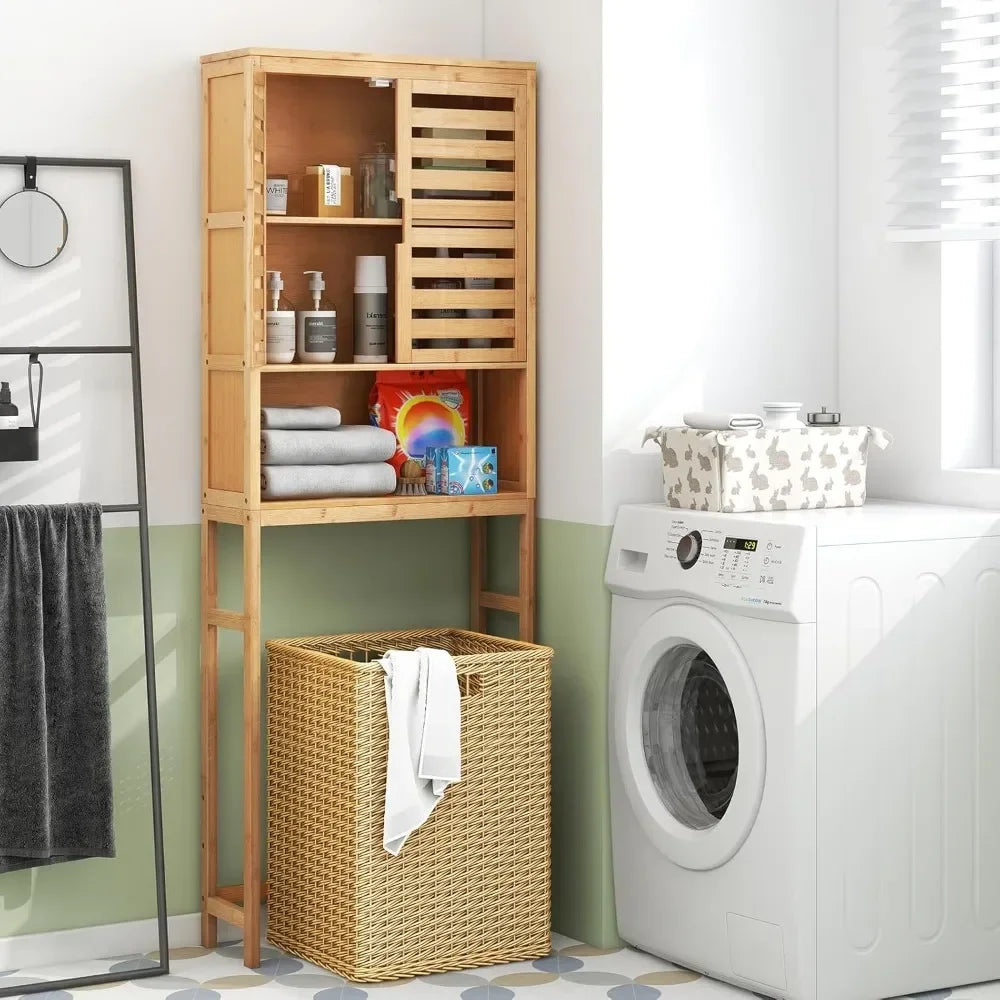 Bamboo Freestanding Bathroom Shelf With Doors And Open Storage