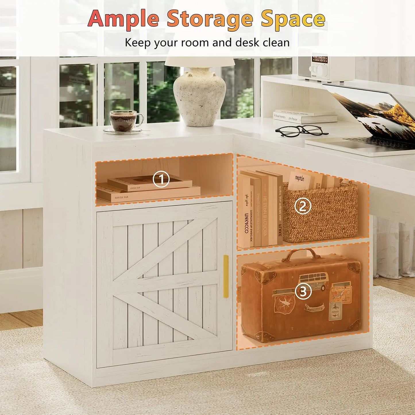 Farmhouse L Shaped Desk With Drawers And Power Outlet