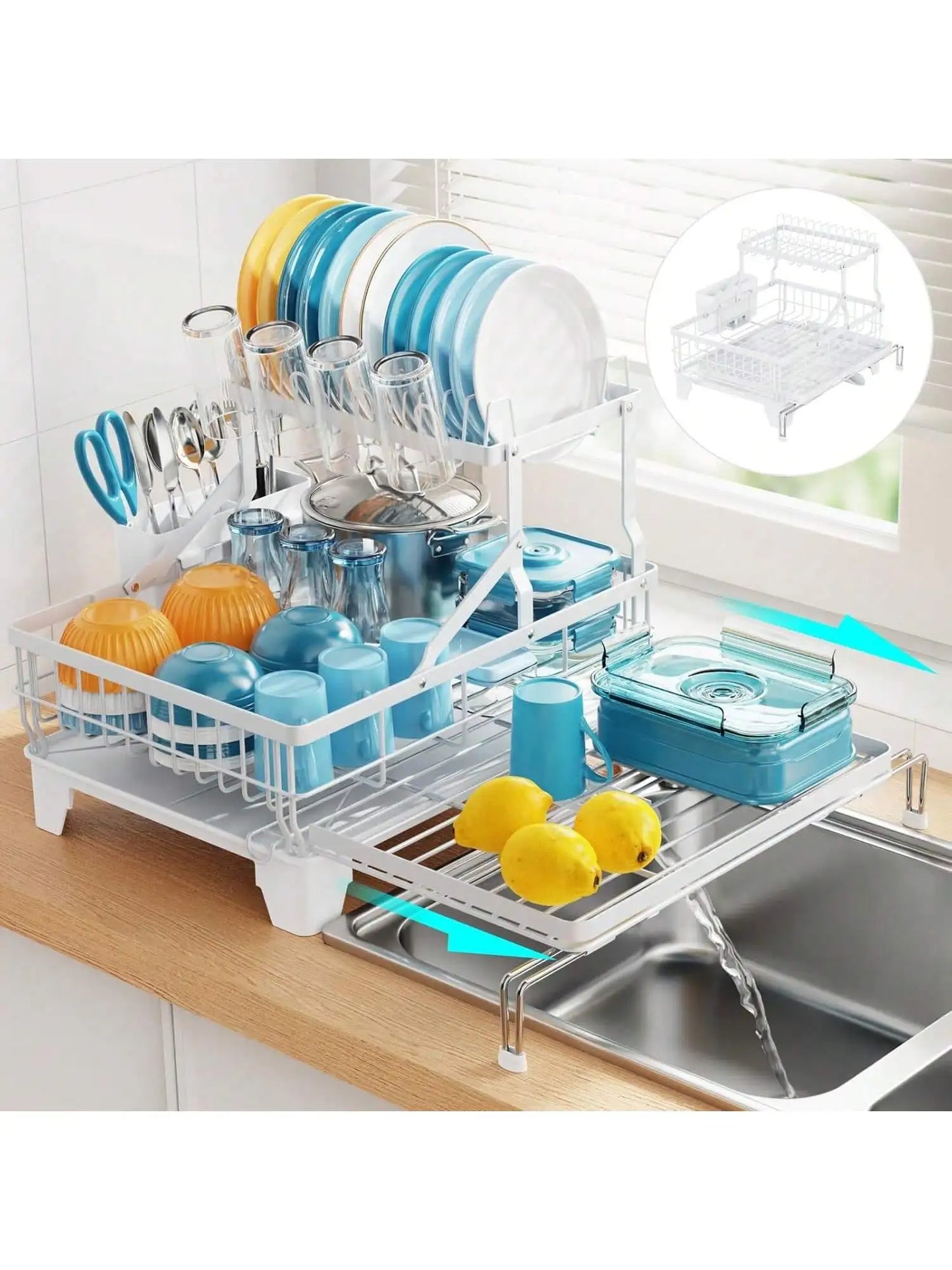 BCWW Kitchen Utensil Drying Rack With Drainage Tray, 2 Tier Detachable Dish Rack For Kitchen Counter, Large Capacity Dish Draine