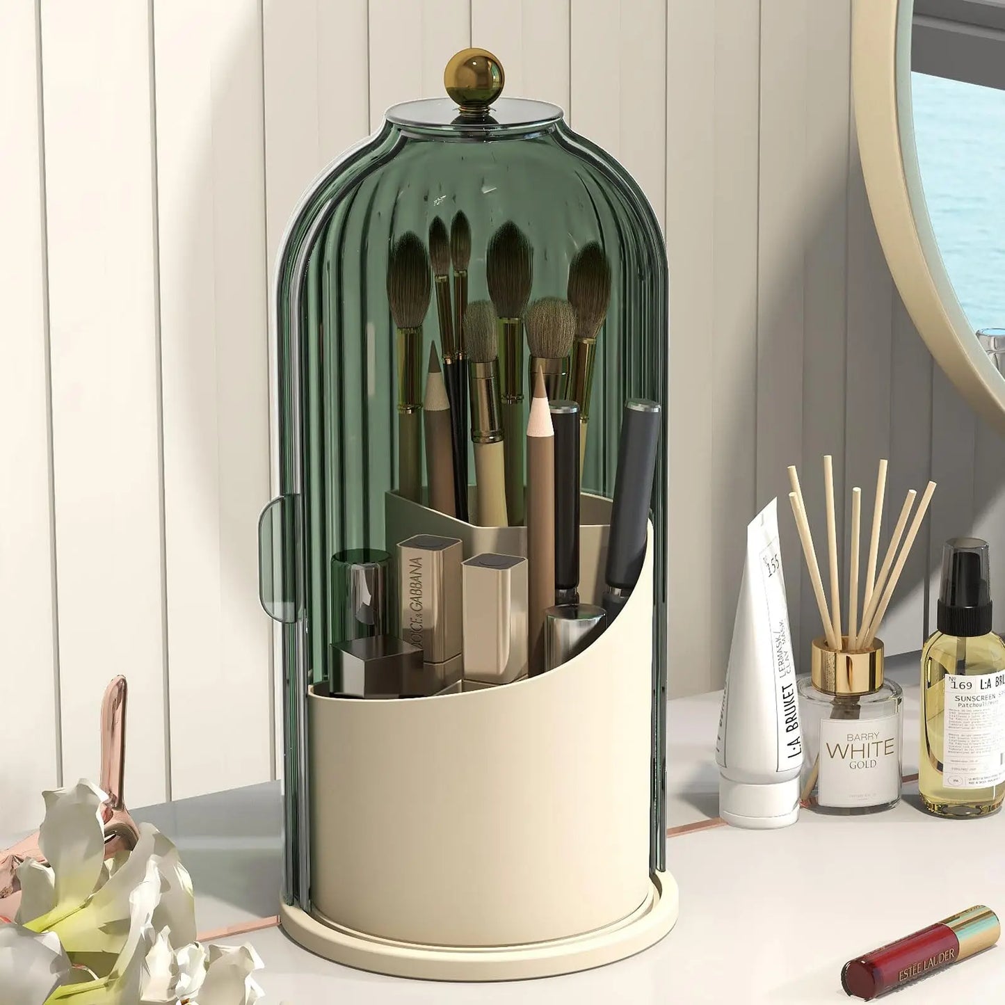Rotating Makeup Brush Organizer With Dustproof Lid For Vanity Table