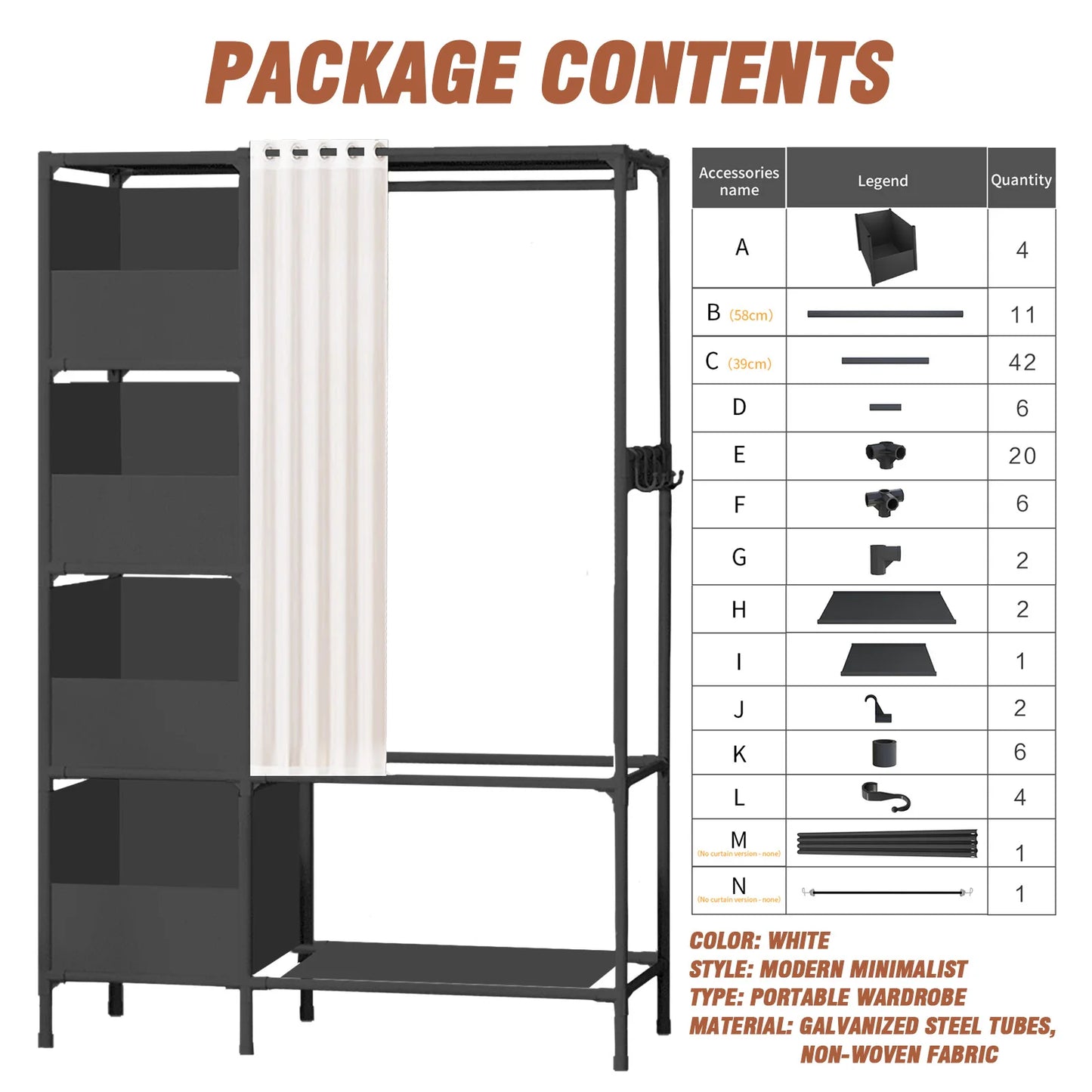 Wardrobe Heavy-Duty Portable Freestanding Closet Multipurpose Storage Rack Semi-Open with 4 Storage Drawers Curtain for Bedroom