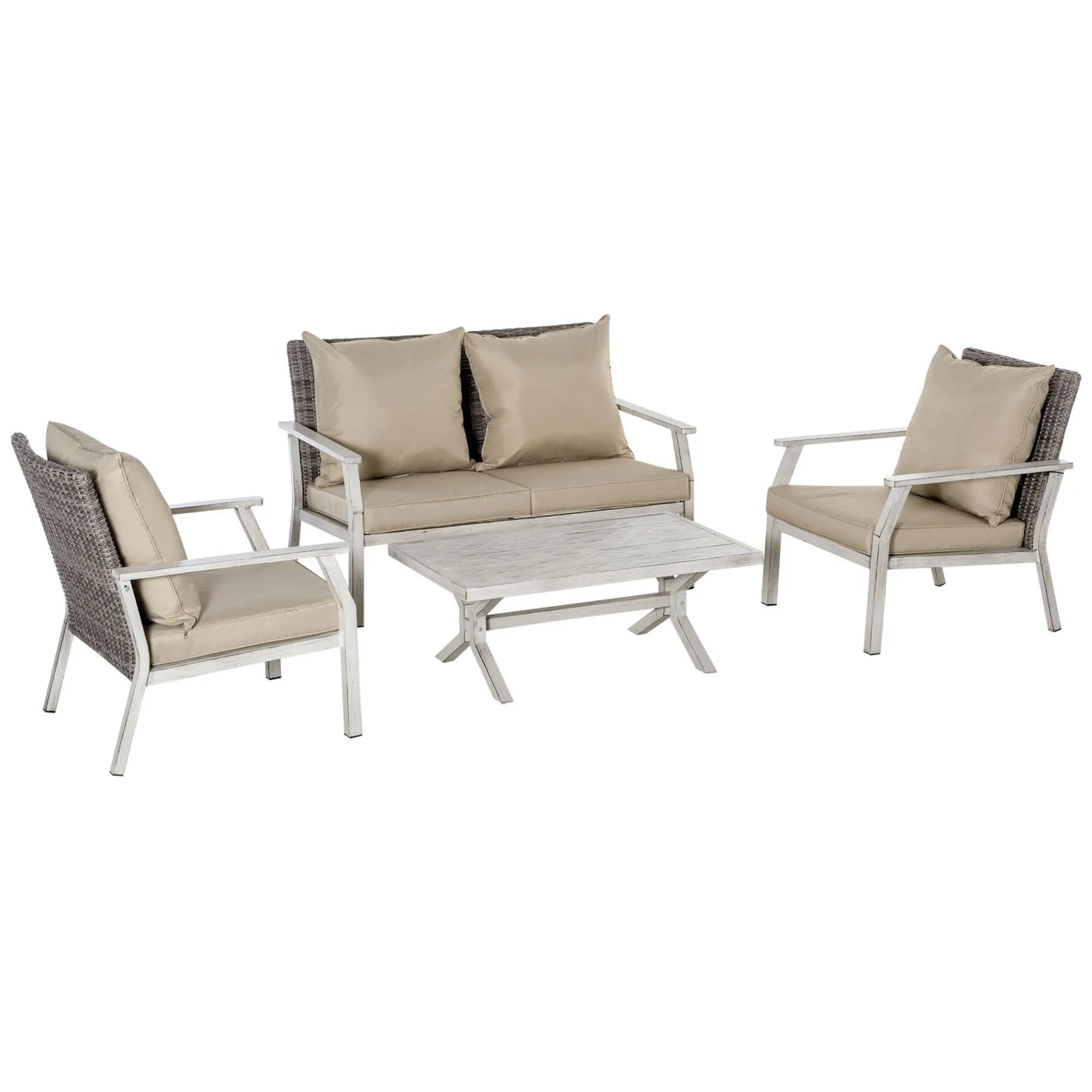 4 Pieces Patio Wicker Conversation Set, Outdoor Pe Rattan Loveseat Furniture W/ Coffee Table Cushions for Backyard, Patio, Beige