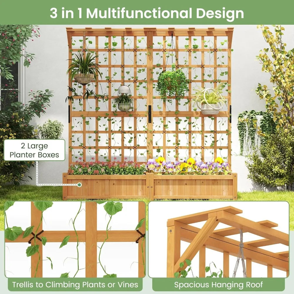 71" Raised Garden Bed with Trellis, Wood Planter Container w/2 Hanging Roof & Boxes, 4 Drainage Holes, Removable Bottom Plate