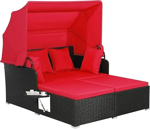 Patio Rattan Daybed Wicker Lounger With Retractable Canopy Cushions