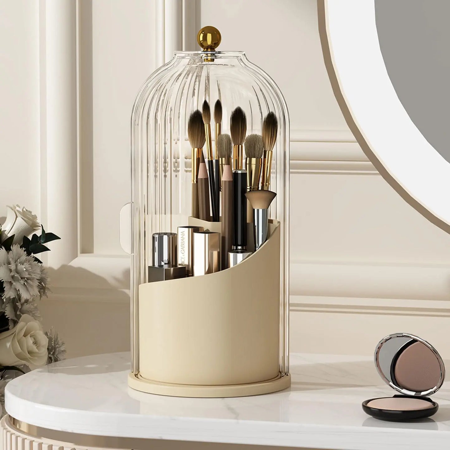 Rotating Makeup Brush Organizer With Dustproof Lid For Vanity Table