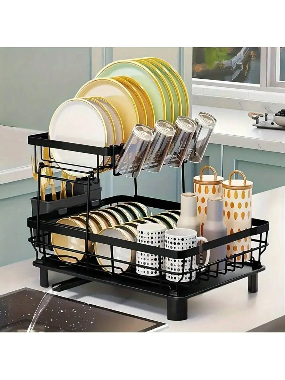 BCWW Kitchen Utensil Drying Rack With Drainage Tray, 2 Tier Detachable Dish Rack For Kitchen Counter, Large Capacity Dish Draine
