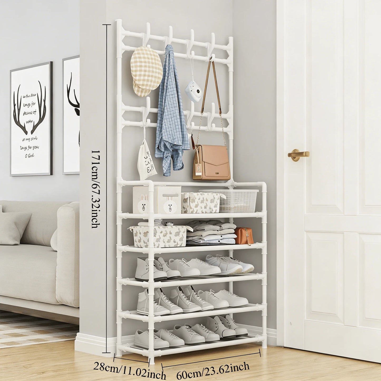 Five Tier Floor Shoe Rack Featuring Coat And Hat Hooks