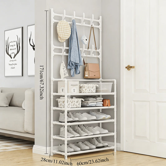 Five Tier Floor Shoe Rack Featuring Coat And Hat Hooks