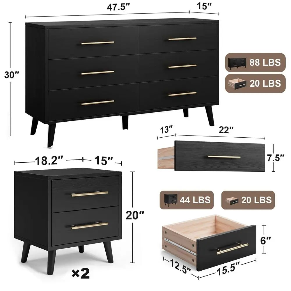 Scandinavian Style Bedroom Set With Six Drawer Dresser And Nightstands