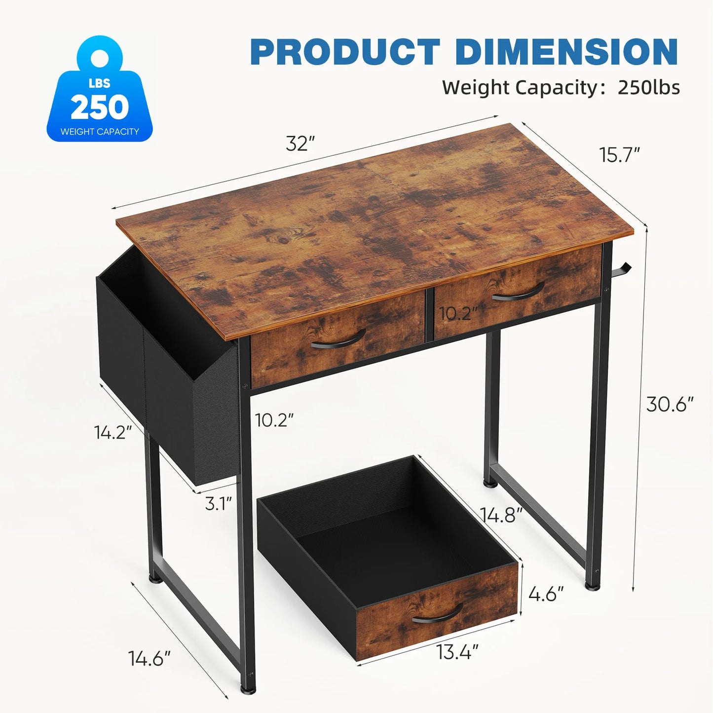 JHK Modern Office Desk With Fabric Drawers And Metal Frame