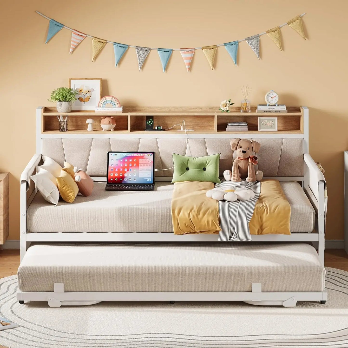 LIKIMIO Daybed with Trundle and Upholstered Headboard with Charging Station