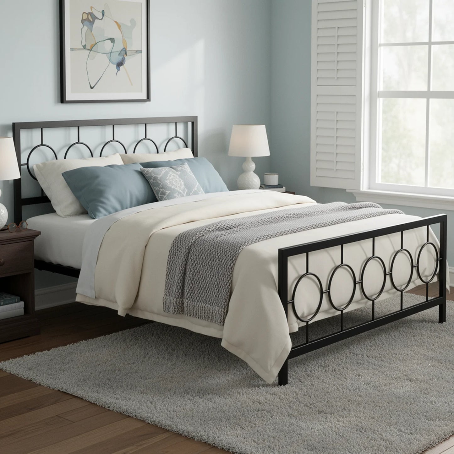 HOOMIC Metal Platform Bed Frame With Vintage Circular Headboard Storage