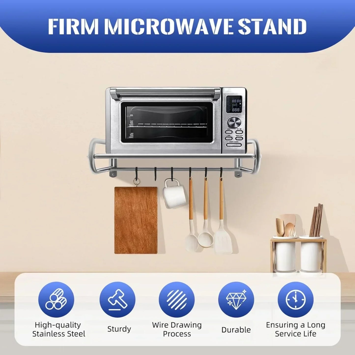 Stainless Steel Microwave Utensil Shelf Wall Mount With 6 Hooks
