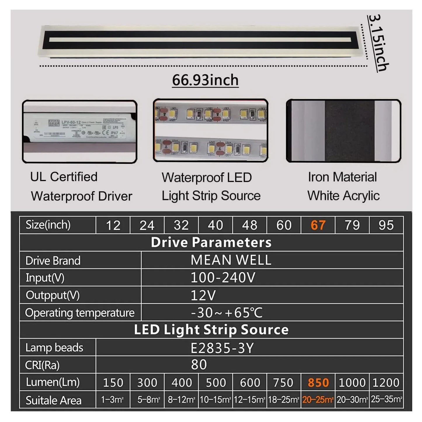 Outdoor Long Strip LED Wall Light Sconce Frosted Acrylic IP67