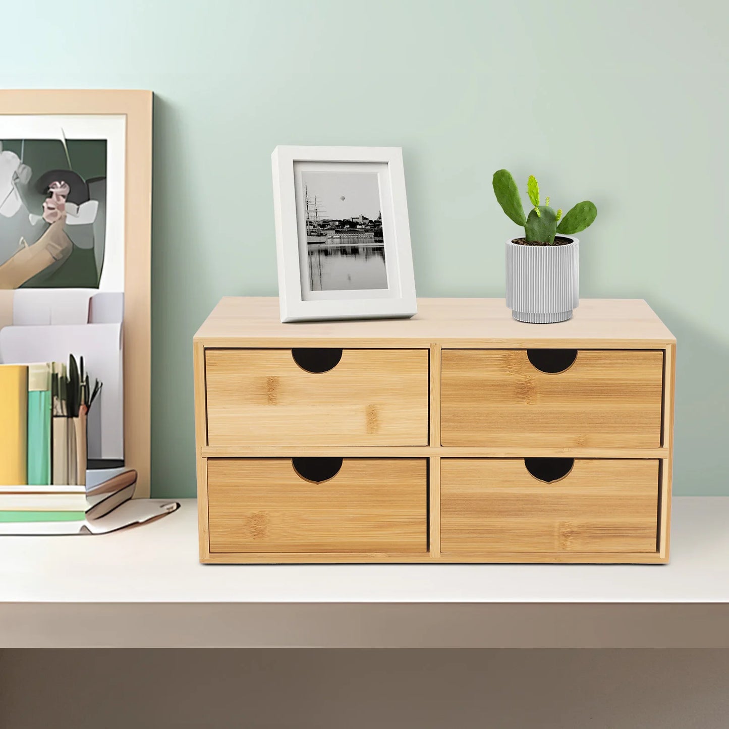 Bymaocar Bamboo 4 Drawer Desktop Organizer for Home Office