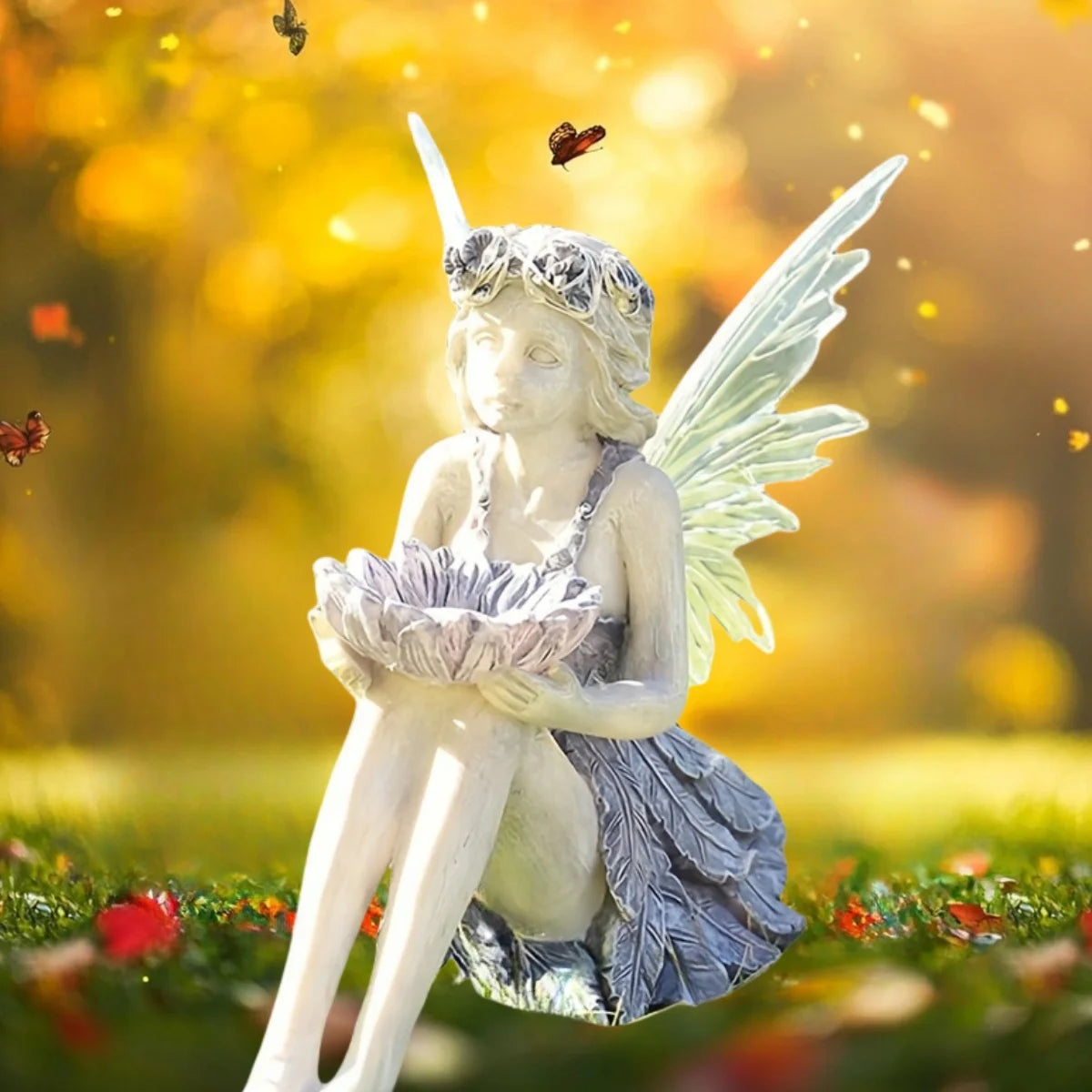 Outdoor Garden Solar Fairy Statue Light Resin Flower Decor