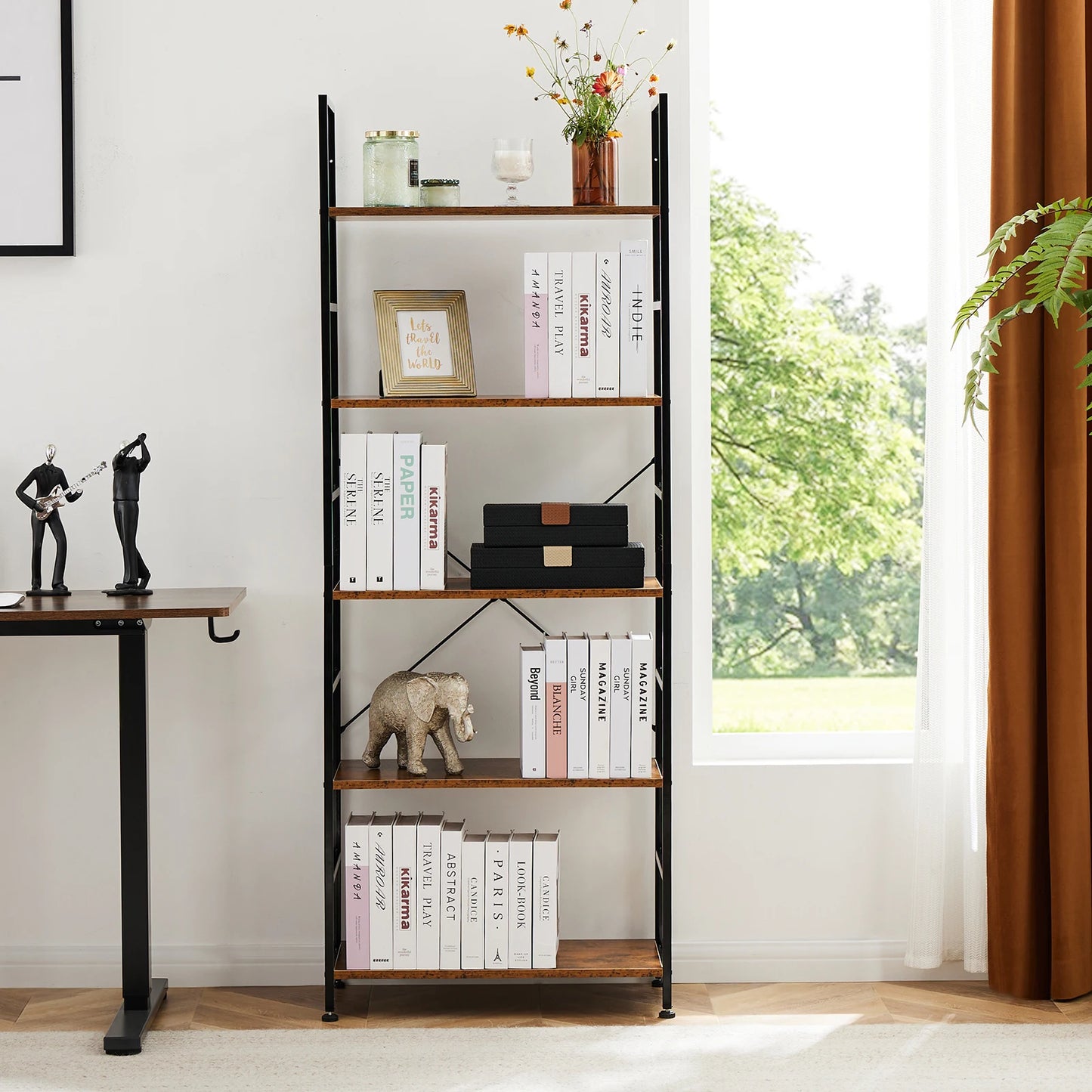 JHK Metal Bookshelf Modern Home Office Corner Storage Organizer