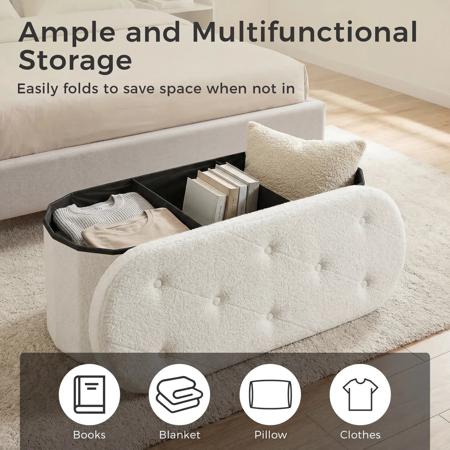 JHK Folding Storage Ottoman Bench With Teddy Fabric