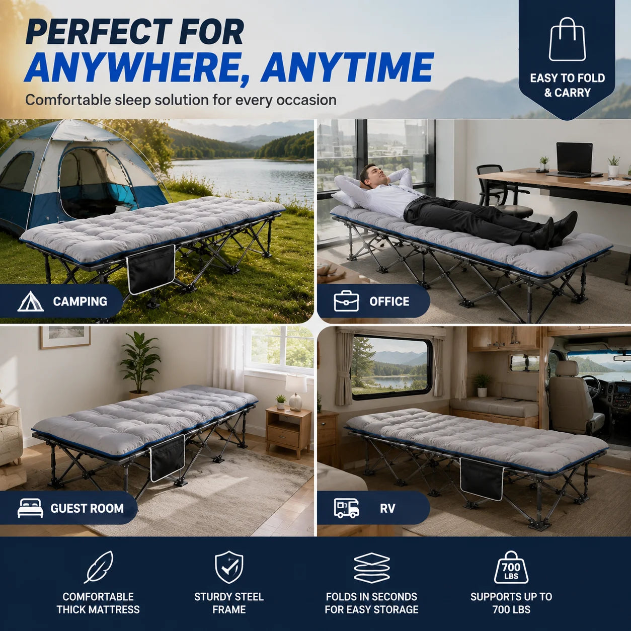 Portable Folding Camping Cot With Thick Padded Mattress Sturdy Frame