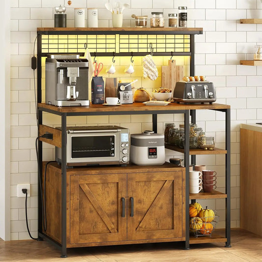 Bakers Rack With Power Outlet LED Light Microwave Stand
