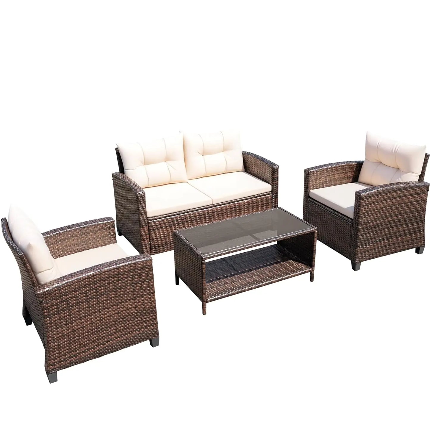 4-Piece Patio Furniture Set, All-Weather PE Rattan Outdoor Conversation Set with Thick Cushions & Glass Coffee Table,, Custom