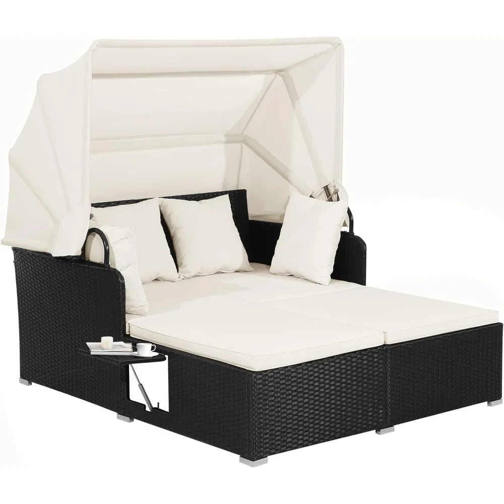 Patio Rattan Daybed Wicker Lounger With Retractable Canopy Cushions