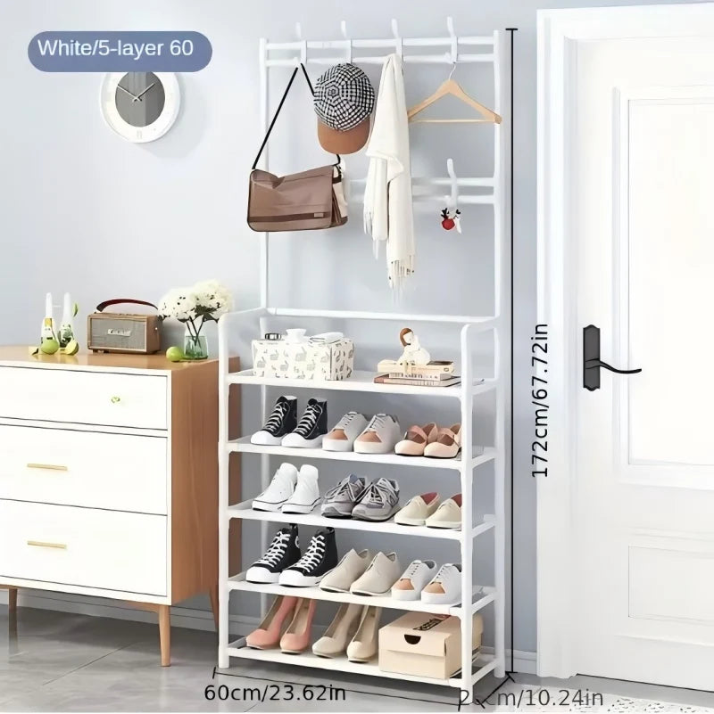 Five Tier Floor Shoe Rack Featuring Coat And Hat Hooks
