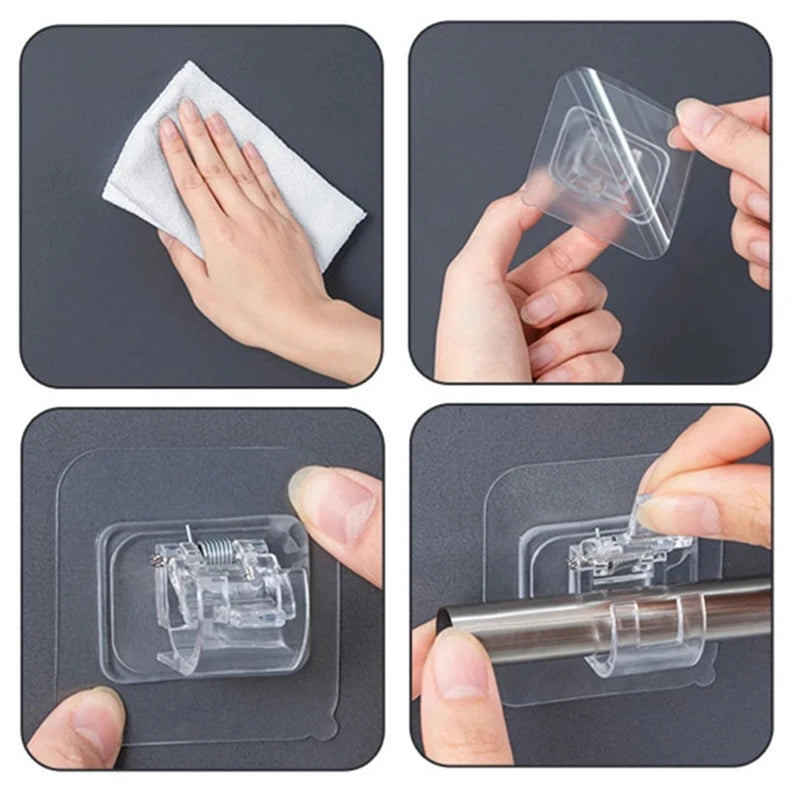 Nail Free Adjustable Curtain Rod Holders Clamp Hooks Self Adhesive