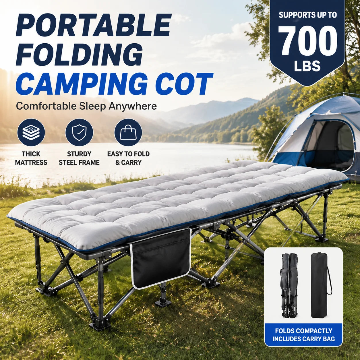 Portable Folding Camping Cot With Thick Padded Mattress Sturdy Frame