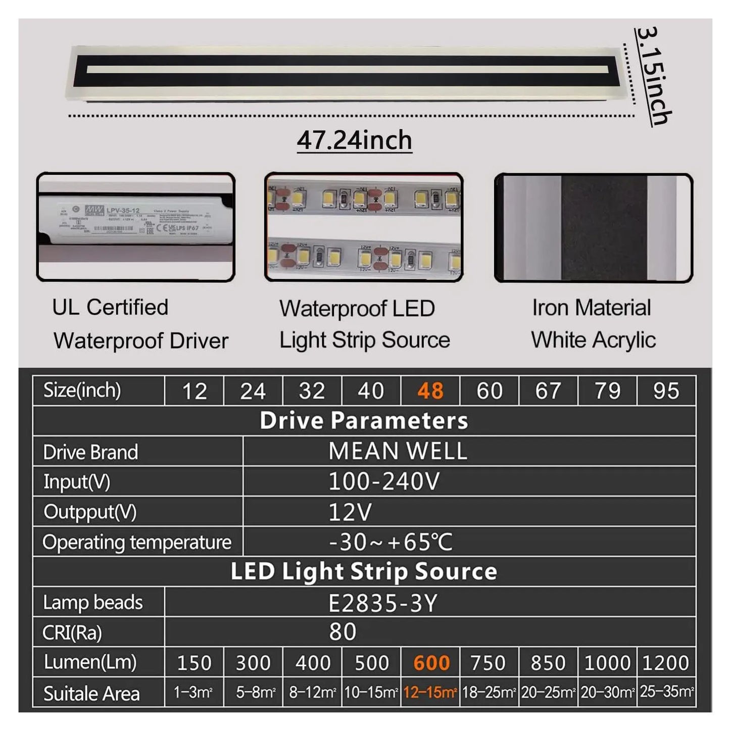 Outdoor Long Strip LED Wall Light Sconce Frosted Acrylic IP67