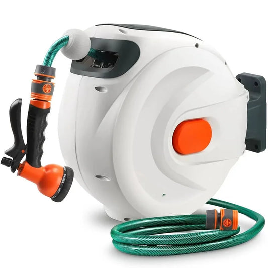 Retractable Wall Mounted Garden Hose Reel With Auto Rewind 180 Degree Swivel