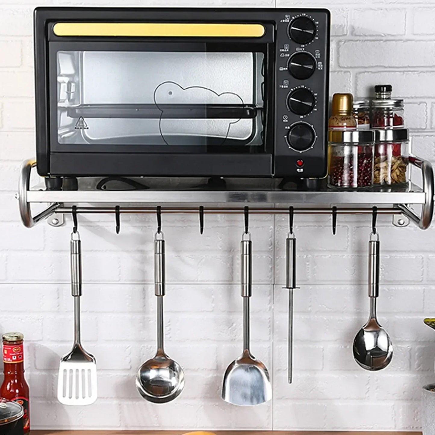 Stainless Steel Microwave Utensil Shelf Wall Mount With 6 Hooks
